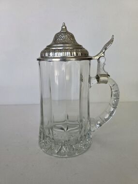 Vintage Clear Glass Beer Stein with Decorative Silver-Tone Hinged Lid